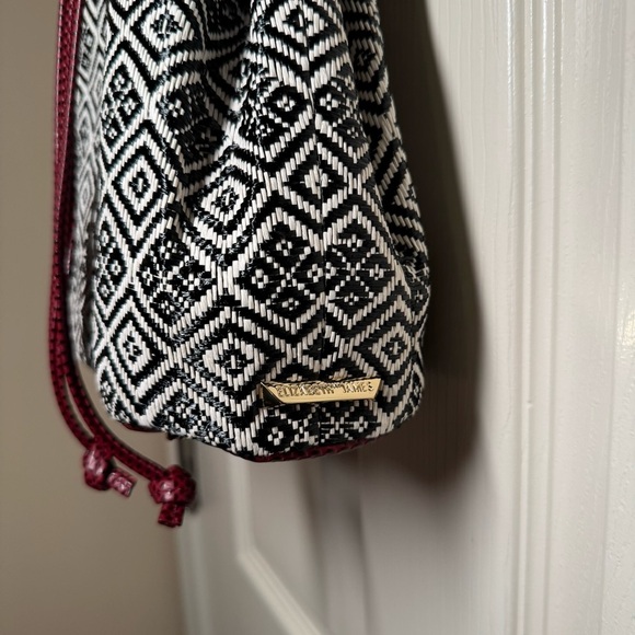 Elizabeth and James Geometric Bucket Bag – Black/White with Burgundy Strap - Picture 3 of 16